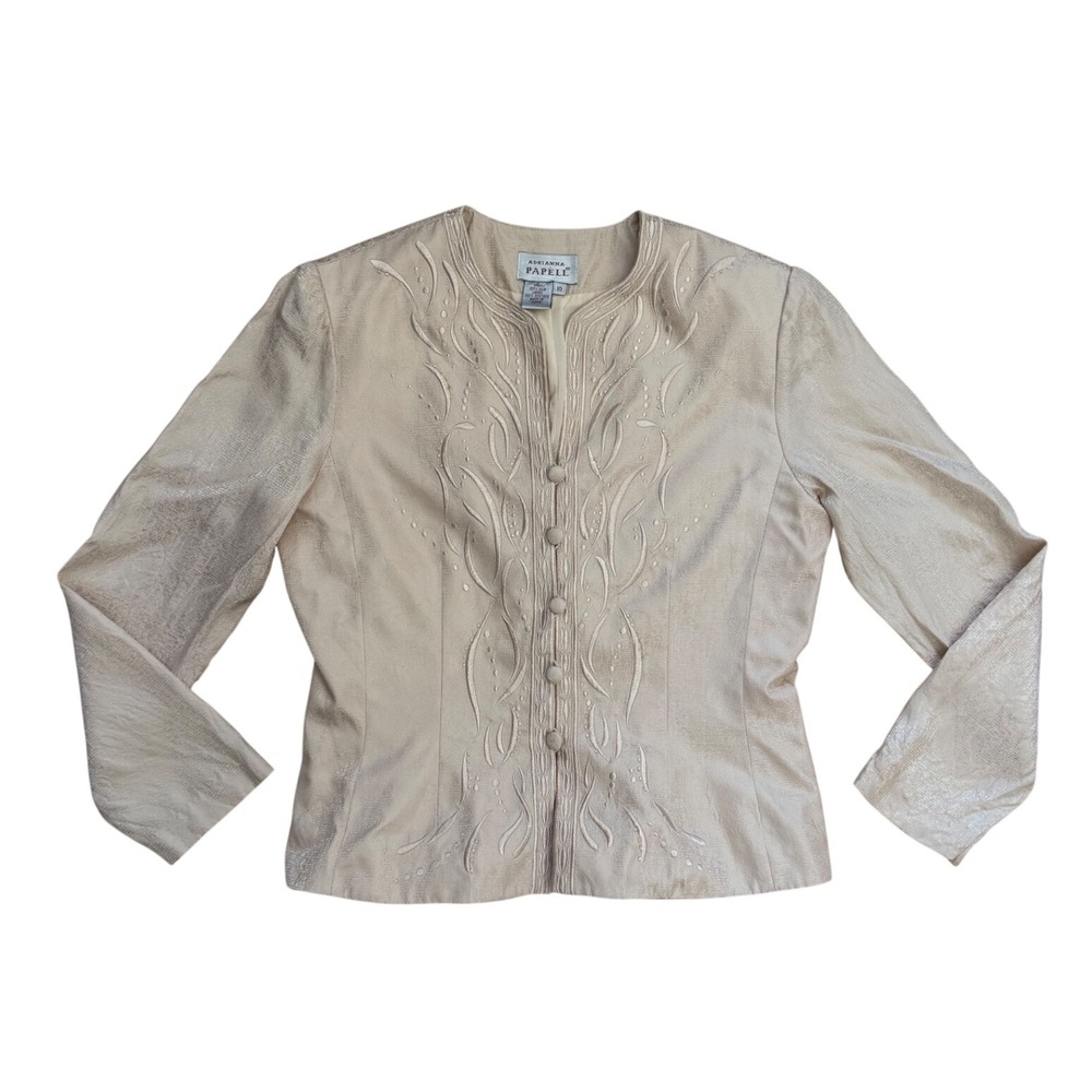 Adrianna‎ Papell Vintage 100% Silk Beaded Embroidered Blazer Jacket Beige 10